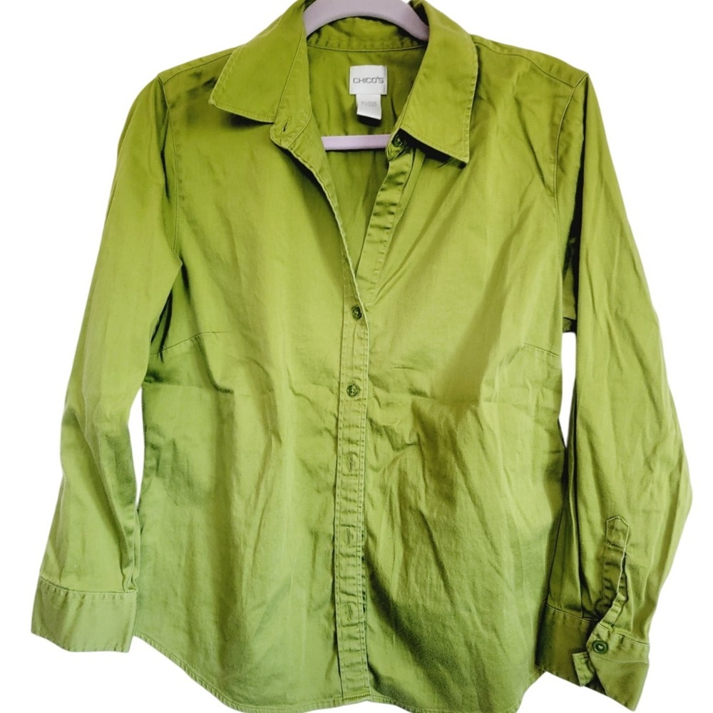 Chico's 2 Shirt Olive Green Button Front Large Long Sleeve‎ Stretch Career